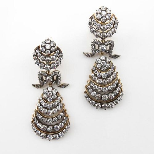 Fabulous Mid 20th Century Russian Approx. 15.0 Carat Old European Cut Diamond and 14 Karat Gold Chandelier Earrings