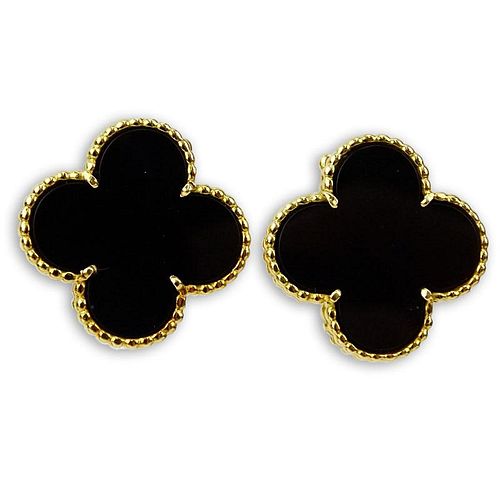 Van Cleef & Arpels 18 Karat Yellow Gold and Black Onyx Alhambra Earrings