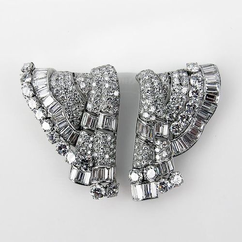 Art Deco Approx. 25.0 Carat Round Brilliant and Baguette Cut Diamond and Platinum Double Clip Brooch