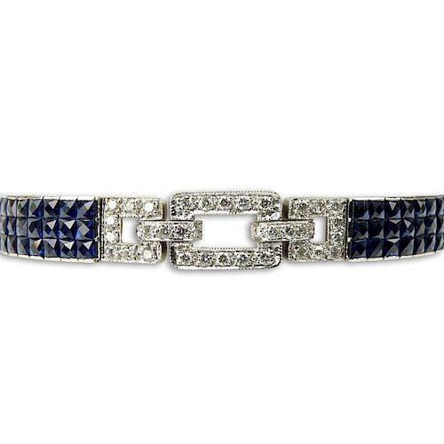 Art Deco style Approx. 3.90 Carat Diamond, 12.0 Carat Invisible Set Sapphire and 14 Karat White Gold Bracelet