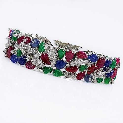 Cartier style 55.50 Carat Carved Emerald, Ruby and Sapphire and 9.15 Carat Round Brilliant Cut Diamond and 18 Karat White Gol