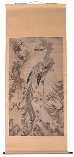 Chinese Ink and Color Scroll Painting of Phoenix
