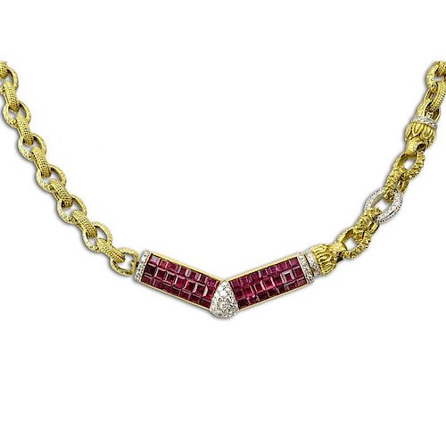 Circa 1960s Finely Made Approx. 8.0 Carat Invisible Set Square Cut Burma Ruby, 1.0 Carat Round Cut Diamond and Heavy 18 Karat