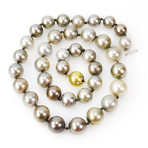 Single Strand Graduated Tahitian Grey Pearl Necklace with 18 Karat Yellow Gold and Diamond Ball Clasp