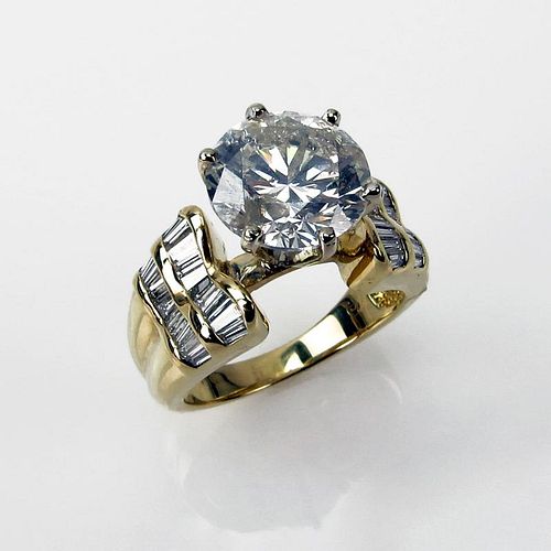 Approx. 4.01 Carat Round Brilliant Cut Diamond and 18 Karat Yellow Gold Engagement Ring accented with .40 Carat Baguette Cut