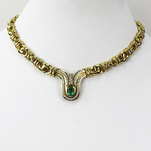 Vintage Bulgari style 18 Karat Yellow Gold, 1.73 Carat Oval Cut Colombian Emerald and 1.65 Diamond Necklace