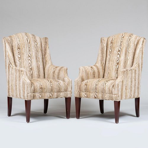 Pair of Dapha Stained Wood Faux Bois Velvet Upholstered Wingback Armchairs
