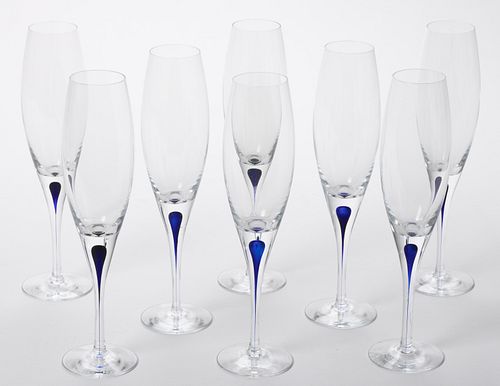 ORREFORS INTERMEZZO BLUE MODERN GLASS WINES, LOT OF EIGHT