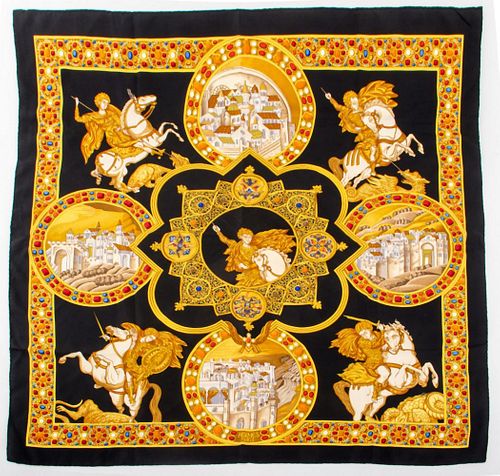 Hermes silk twill scarf in the "Le Triomphe du Paladin" pattern on a black ground, designed by Julia Abadie in 1999, marked "HERMES / PARIS" lower cen