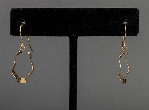 Italian 14K yellow gold undulating flat hoop earrings with French wire hook closures, marked "14Kt / Italy / 1758 AR (hallmark of Golden Clef Internat