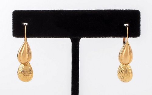 Pair of 14K yellow gold drop earrings with diamond-cut textured drop earring jackets, marked: "14KEG/JCM14K". Earrings measure 0.812"L x 0.312"W. Drop