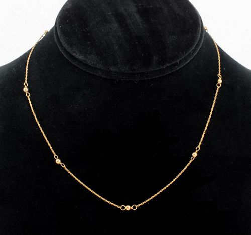Vintage 14K yellow gold ball chain necklace with spring clasp, marked: "585". Necklace: 15.75"L x 0.12"W at widest section. Approx: 0.9 dwt.