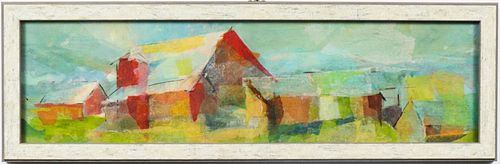 Modern mixed media collage depicting a barn in the country landscape. Image: 6.5" H x 24.5" W; frame: 8.5" H x 26.5" W x 0.5" D.
