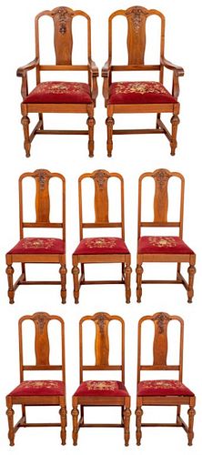 Gilded age turn of the century "Colonial Revival" dining chairs, 8, and comprising six sides and two arm chairs, with arched crestrail and acanthus-ap