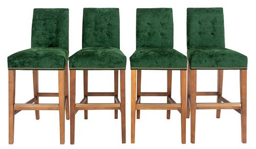 Mitchell Gold & Bob Williams set of four green velvet upholstered bar stools, with tufted back, raised on wooden square tapered legs jointed by stretc