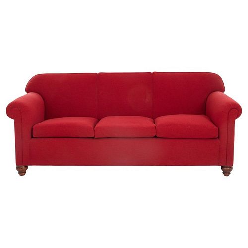 George Smith style red chenille upholstered three seater sofa, unmarked. 35.5" H x 87" W x 34" D; seat height: 17" H.