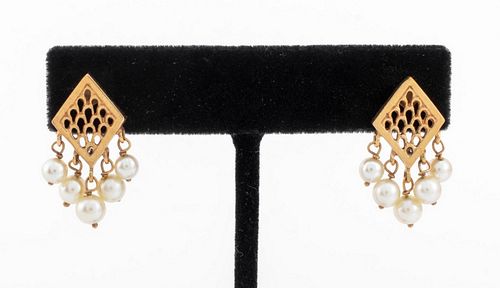 Vintage 14K yellow gold diamond shaped open latticework pearl drop post earrings, with ten graduated pearls approx: 4mm to 5mm. Marked: "A & Z / 14K".