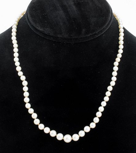 Vintage graduated hand knotted cultured pearl necklace with 10K gold filled hook clasp, marked: " S10K 1/20 GF". Necklace measures 17.5"L x 0.31"W at 