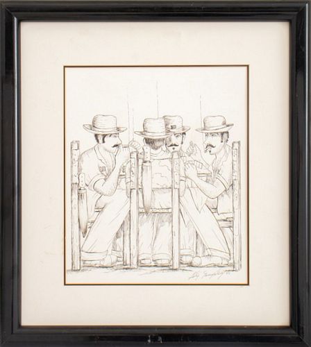 Felix Gonzalez (XX-XXI) contemporary Cuban School drawing ink on paper, depicting four men with hat smoking cigars and playing dominos, signed to lowe