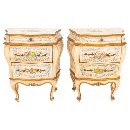 Venetian Rococo style small painted three drawer commodes, a pair, of bombe form and with allover polychrome floral and rocaille decoration, each with