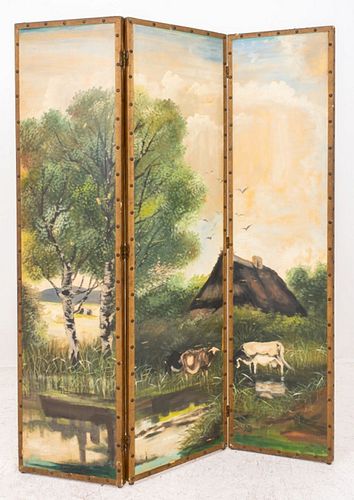 Landscape painted three-panel screen, one side painted with bucolic landscapes with bovine protagonists, in a romantic manner. 68" H x 17.5" W (each p