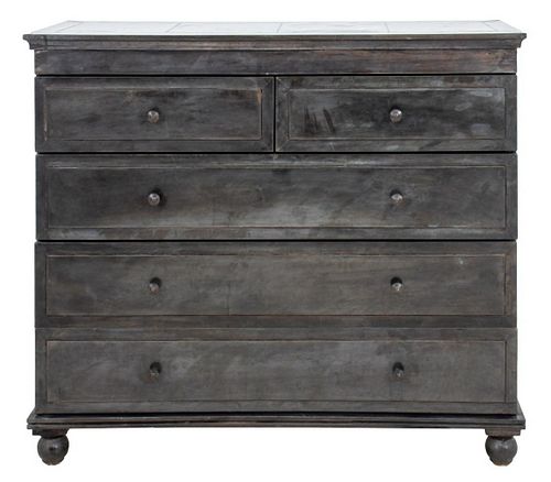 Industrial oiled metal sheeting chest of drawers, having two small drawers over three large drawers, raised on bowl feet. 42.5" H x 50.5" W x 20" D.