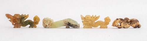 Chinese group of carved jade articles, four, each in stylized dragon form, one belt hook and three sculptures. 4.25" L (the longest).
