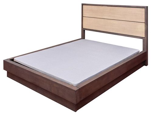 Queen size charcoal cerused wood platform bed frame with lighter motif to headboard. 48" H x 67.25" W x 88" D.