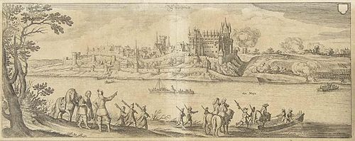 Steinheim (am Main). Kupferstichansicht von Merian. Um 1646. Ca. 13 x 31,5 cm. Unter Passepartout u. Glas gerahmt (Rahmenmaß