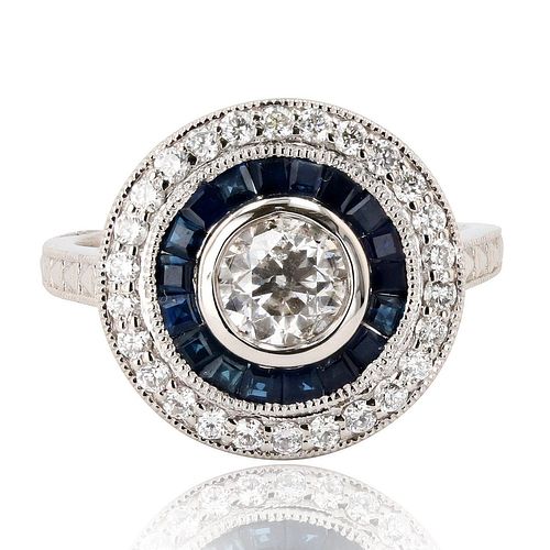 Platinum Ring with Diamond and Blue Sapphire