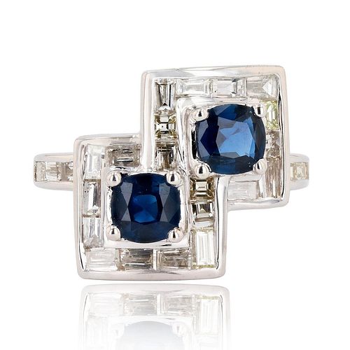 18K White Gold Ring with Blue Sapphire and Diamond
