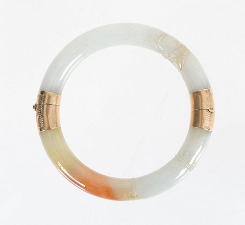 14K Gold Carved bi-color Jade Bangle Bracelet
