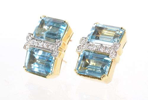 14K Gold Blue Topaz & Diamond Earrings

