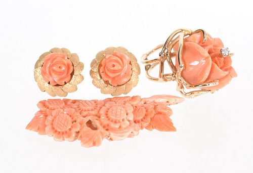 3 Piece 14K Carved Flower Coral Ring and Earrings
