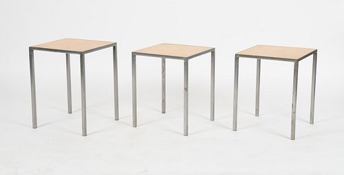 Three Polished Steel and Maple Square Tables