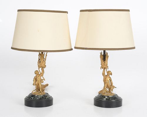 Pair French Gilt Bronze Figural Table Lamps