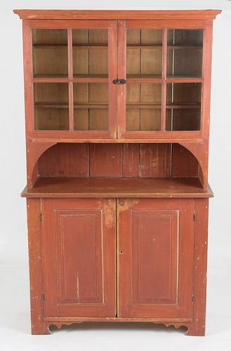 Red Washed Two-Part Dutch Cupboard