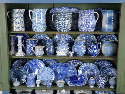 Large Group of Blue and White Spongeware