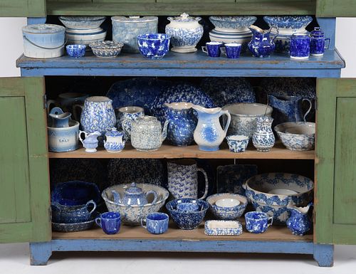 Large Group of Blue and White Spongeware