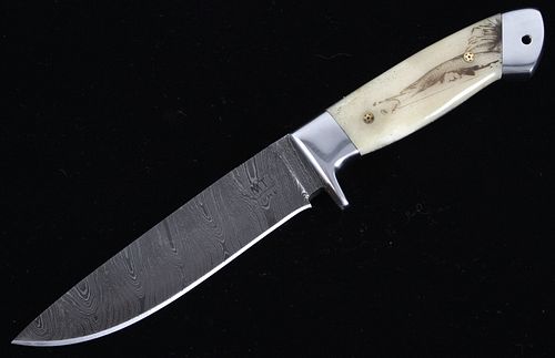 Montana Cutthroat Trout Scrimshaw Damascus Knife