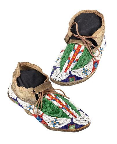 C. 1860-1880 Sioux Beaded Hard Soled Moccasins