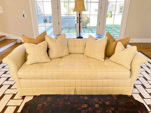Custom Houndstooth Home Creme Upholstered Sofa and Six Pillows