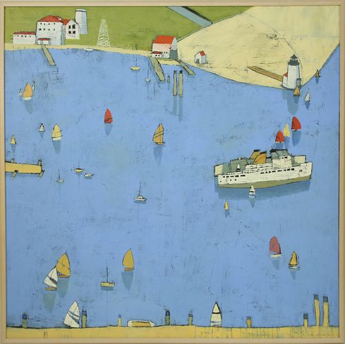 Paul Balmer Oil on Linen "Bird's Eye View Nantucket Steamship Rounding Brant Point"