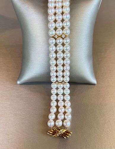 Very Fine 18k Gold and Diamond Triple Strand White Cultured Akoya Pearl Bracelet