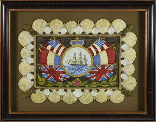 Mellie Cooper Acrylic on Hand Made Paper "Allied Flags Surrounding a Clipper Ship Cartouche"