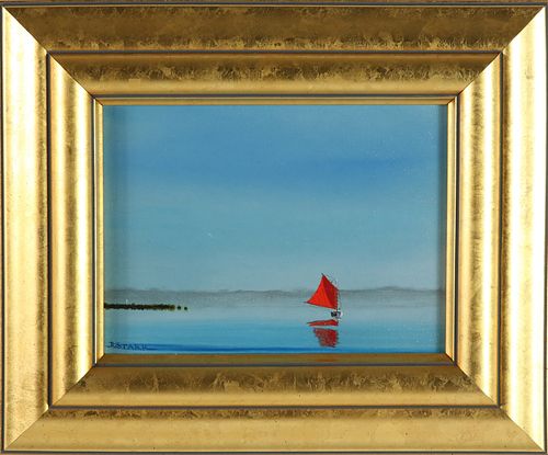 Robert Stark Jr. Miniature Oil on Canvas "Lone Red Sail Off Nantucket Headland"