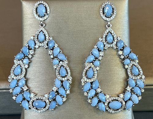 Pair of Blue Opel and Cubic Zircon Sterling Silver Earrings