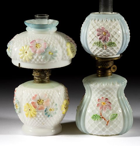 ASSORTED FLORAL AND WEB EMBOSSED OPAQUE GLASS MINIATURE LAMPS, LOT OF TWO,