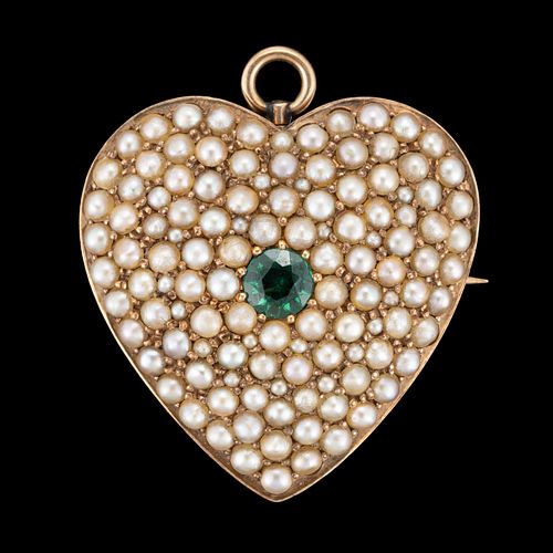 ANTIQUE / VINTAGE 14K YELLOW GOLD, EMERALD, AND PEARL HEART-FORM WATCH LAPEL HOOK BROOCH / PENDANT