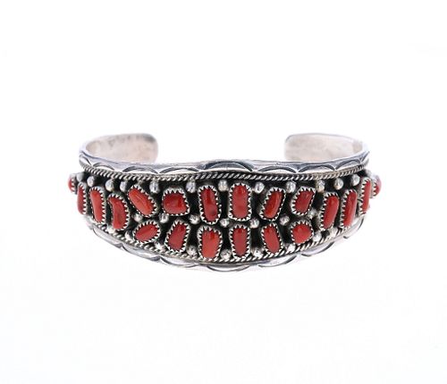Navajo A. Chapo Silver Red Branch Coral Bracelet